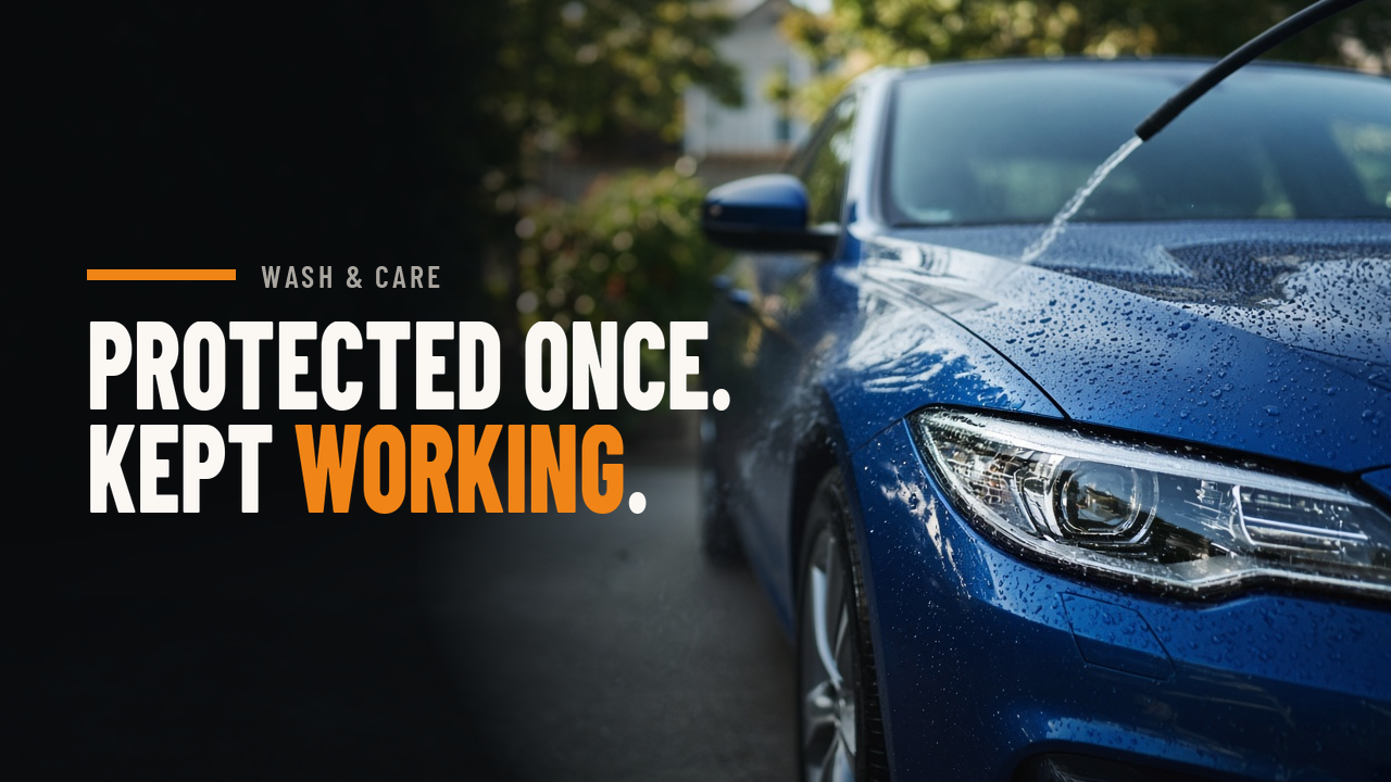 Gleaming car in a driveway on a relaxed morning with water beading on the hood