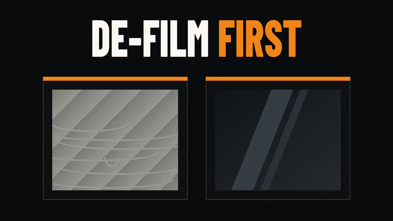 Windshield split between a hazy filmed half and a clean half under the words De-film first