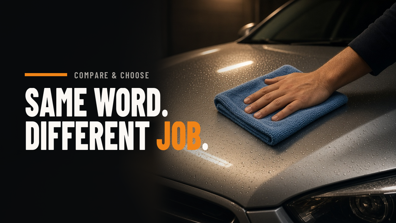 Hand gliding a microfiber towel over a freshly misted car hood in a home garage