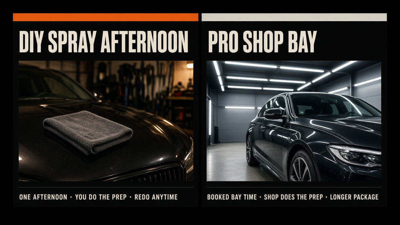 Side-by-side comparison: a DIY spray afternoon in a home garage versus a car in a brightly lit professional detailing bay
