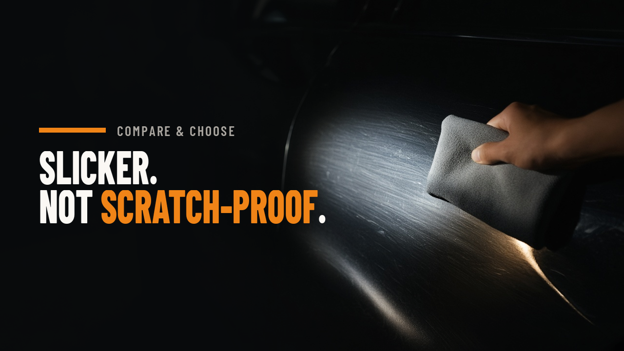 Flashlight raking across a dark car door revealing fine swirl marks
