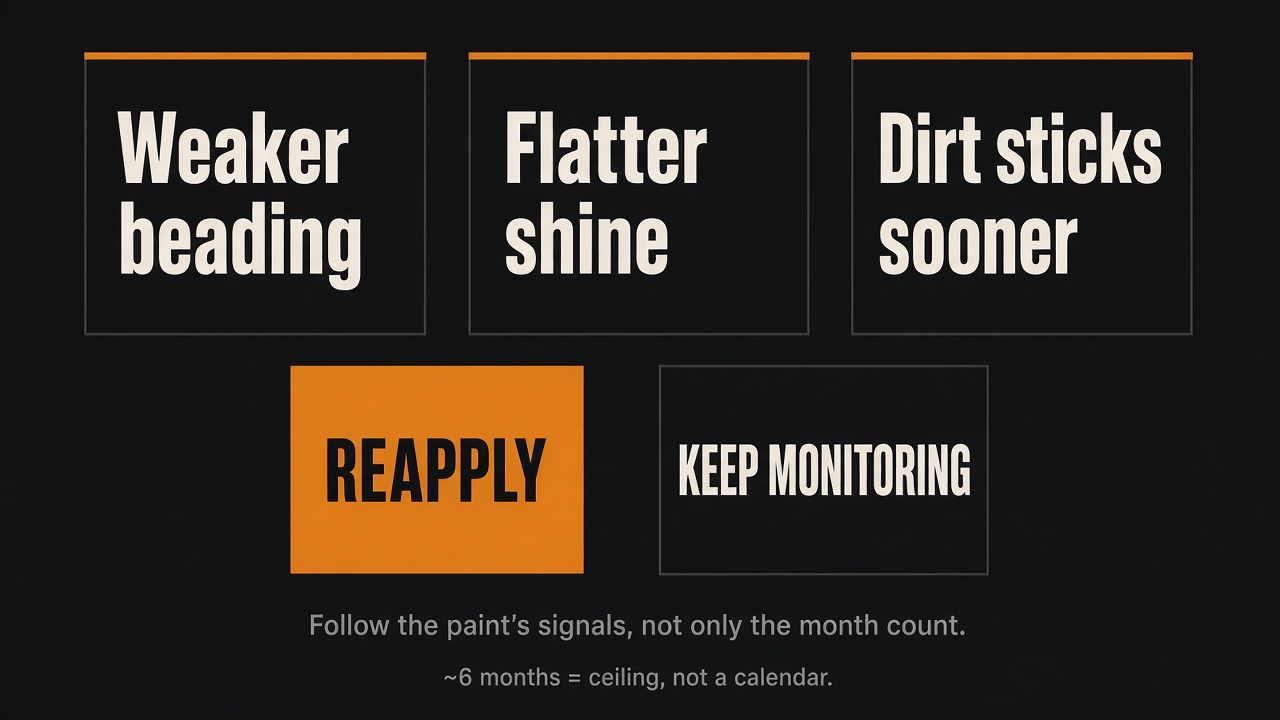 Three reapply signals—weaker beading, flatter gloss, dirt sticks sooner—leading to Reapply or Keep monitoring