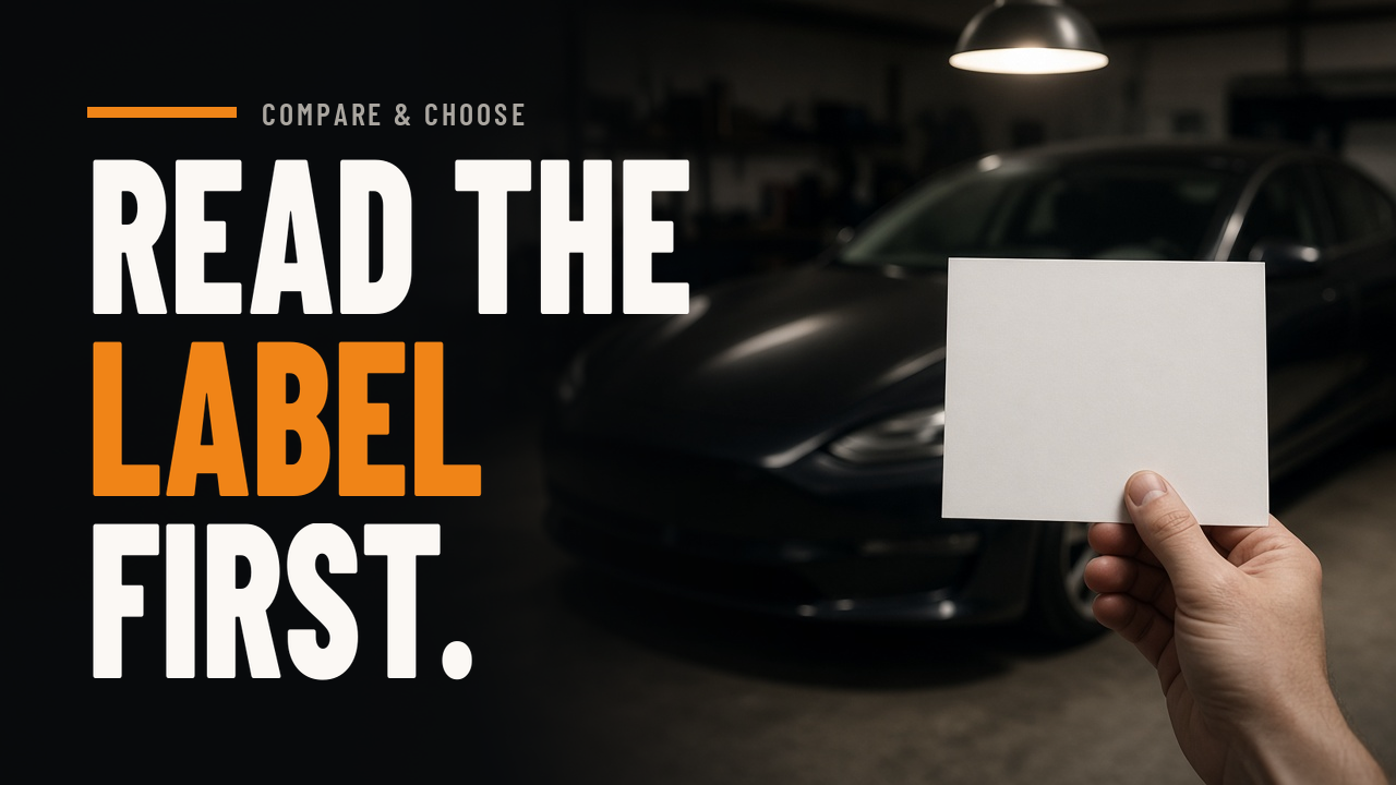 Hand holding a blank instruction card in a home garage with a clean car in the background