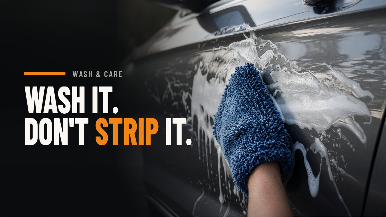 Foam sliding down a dark car door during a hand wash in morning light